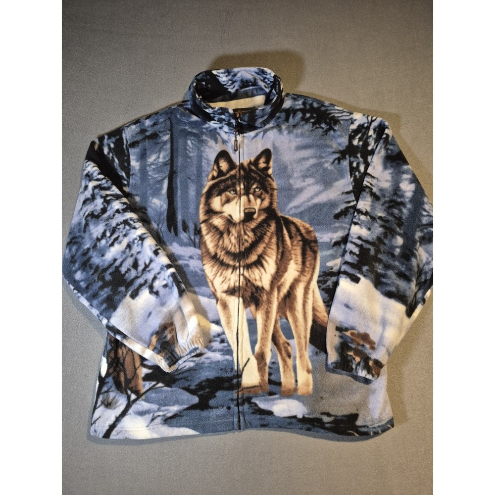 VTG Trail Crest Jacket Blue Fleece Sz XL Winter Wolf All Over Print Streetwear